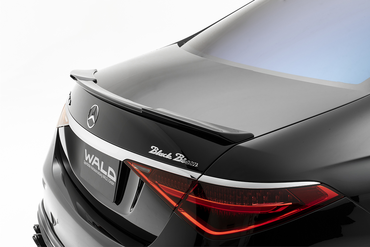 WALD W223 boot spoiler detail with Black Bison lettering on the Mercedes S-Class