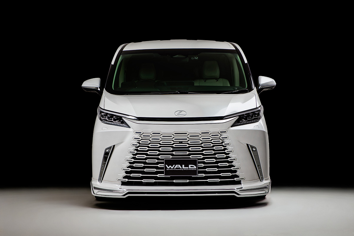 WALD Lexus LM500h head-on front view — WALD front spoiler beneath the hexagon spindle grille