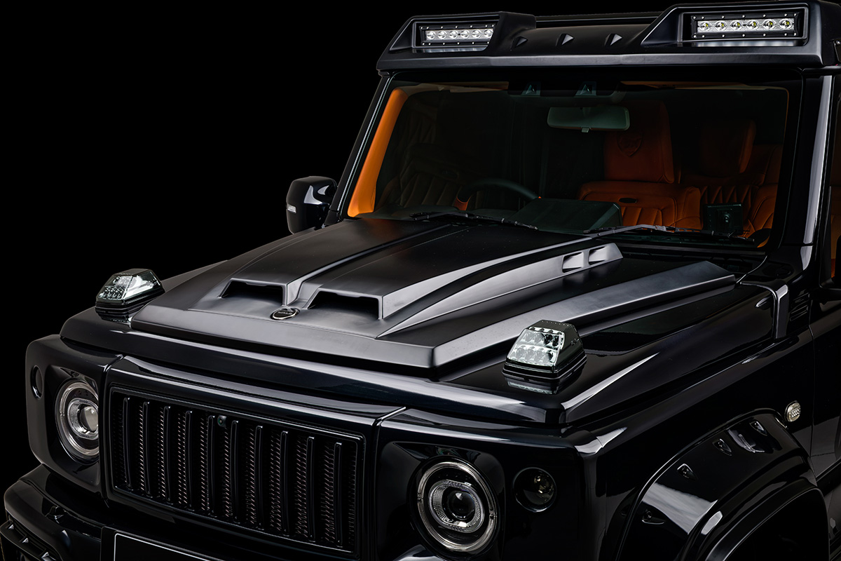 WALD Black Bison Edition Suzuki Jimny Nomade JC74W — bonnet scoop cover and add-on aero bonnet with LED indicators and Japamericana grill