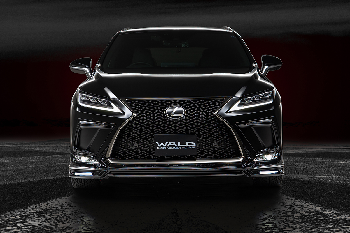WALD Lexus RX300 F SPORT head-on front view — WALD front spoiler with centre chrome accent and LED lamp