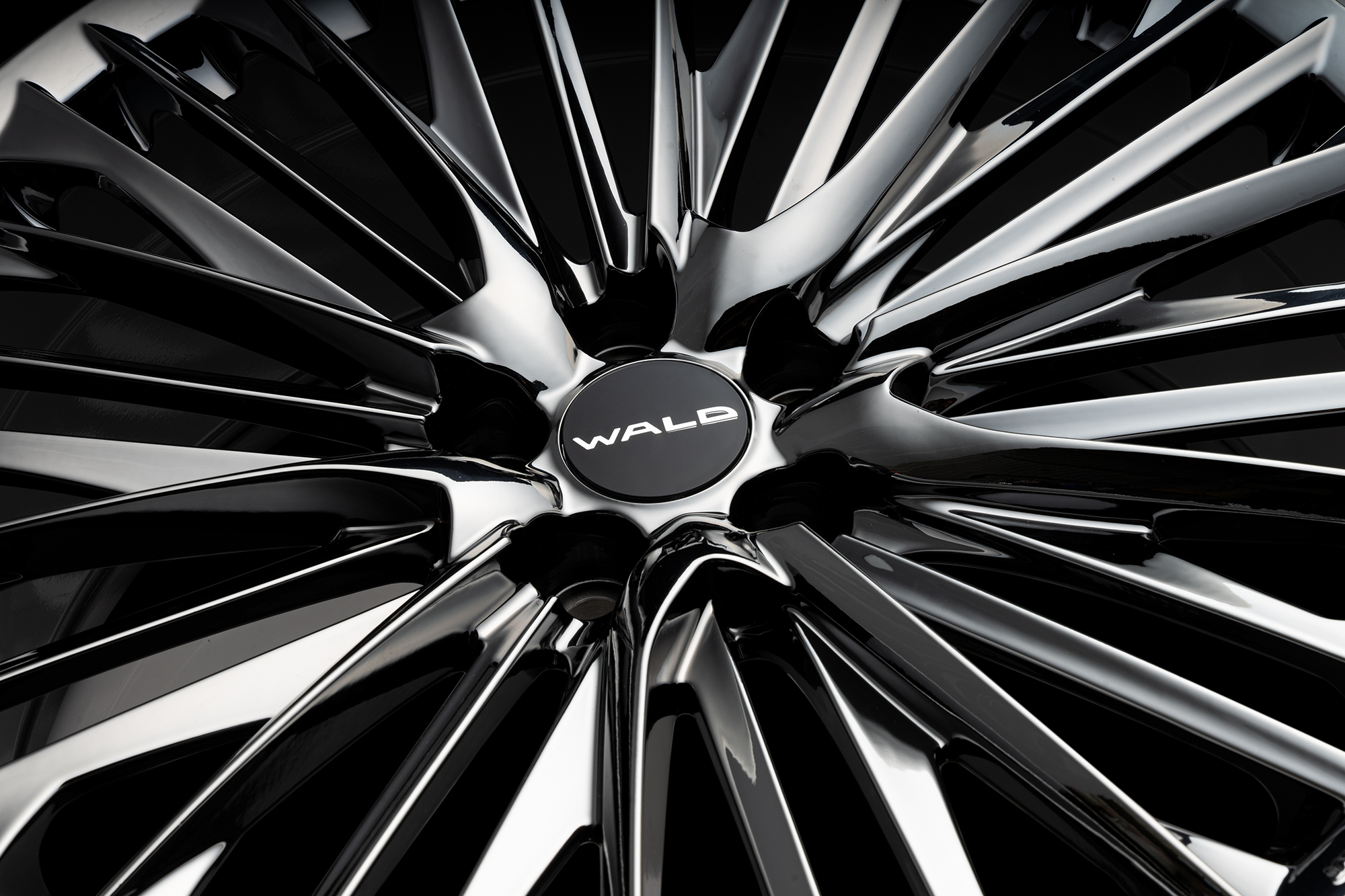 Macro detail of the WALD F-001 SBC Super Black Coat centre cap and polished spoke intersections