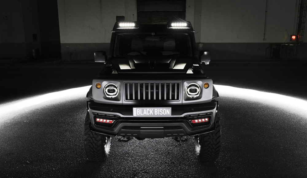 WALD Black Bison Edition Suzuki Jimny Sierra JB74W — head-on front view with Japamericana grill, front bumper spoiler LED lamps and roof LED light bars