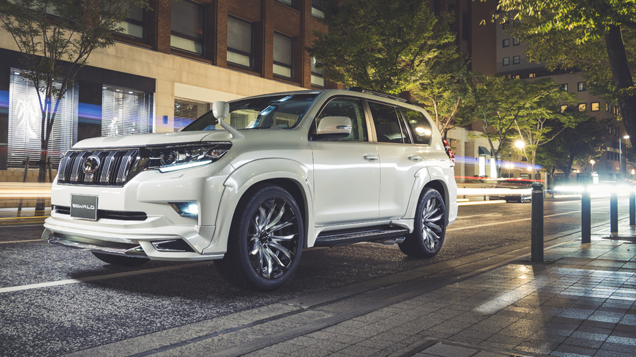 WALD Sports Line Toyota Land Cruiser Prado 150 GDJ15#W in white with front spoiler, chrome garnish and WALD wheels