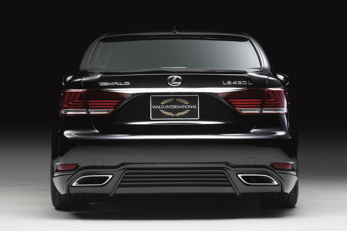 WALD Executive Line Lexus LS460L rear studio view with WALD rear skirt, boot spoiler and twin exhaust finishers