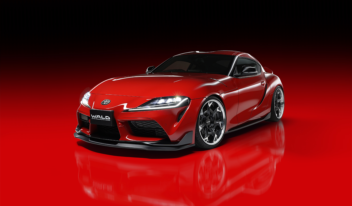 WALD Sports Line Toyota Supra DB## in red with front lip spoiler, boot spoiler and rear diffuser