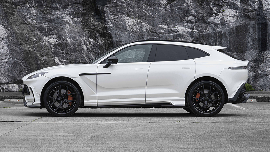 WALD Aston Martin DBX Black Bison Edition side skirts — white DBX side profile with WALD wheels