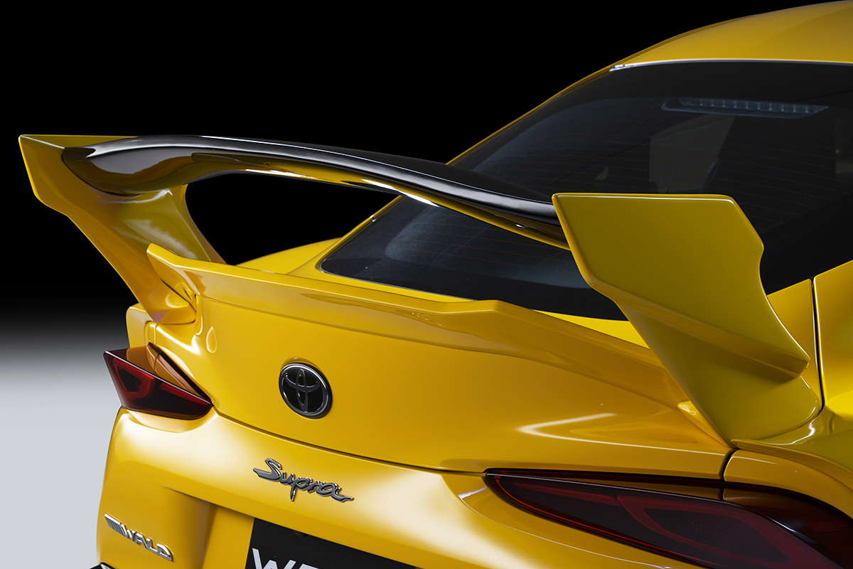 WALD Supra boot spoiler and 3D rear wing detail on yellow GR Supra DB##