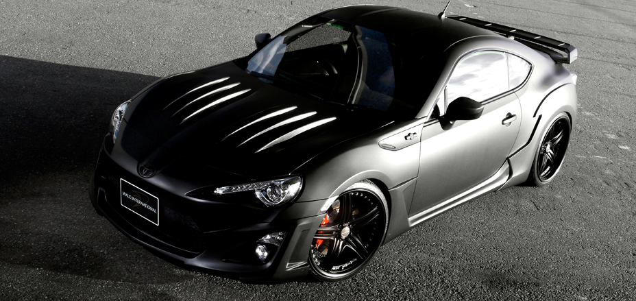 WALD Toyota 86 ZN6 Sports Line elevated front three-quarter view showing the aero bonnet fins and wide arch package