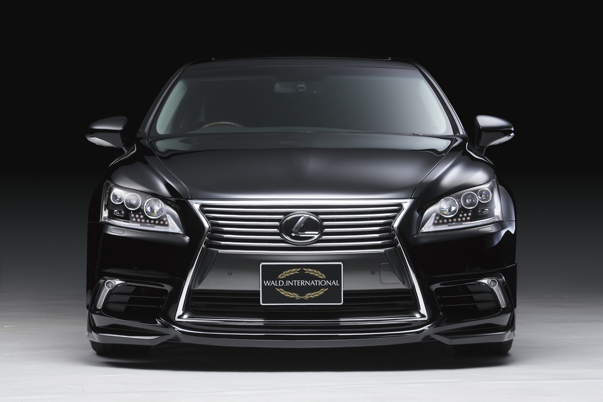 WALD Executive Line Lexus LS460L head-on front studio view in black with WALD front spoiler