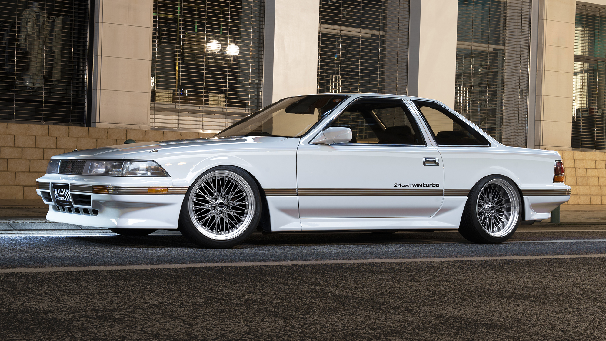 White Toyota Soarer WALD Classics on polished WALD Classic Mesh CM12C wheels