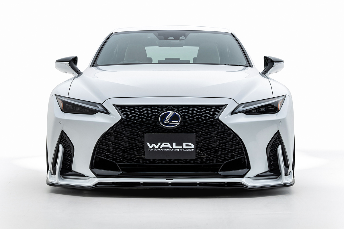 WALD Lexus IS Sports Line front spoiler — head-on front view of white Lexus IS F SPORT