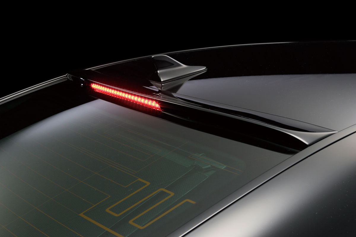 WALD Lexus LS460L roof spoiler detail with illuminated LED high-mount stop lamp