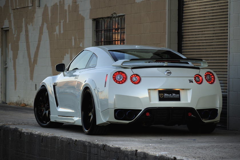 White WALD Black Bison GT-R R35 rear three-quarter view with rear diffuser and boot spoiler