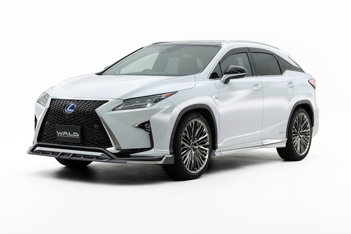 WALD Sports Line Lexus RX450h F SPORT GYL20W body kit — white Lexus RX450h front three-quarter studio view with WALD front spoiler