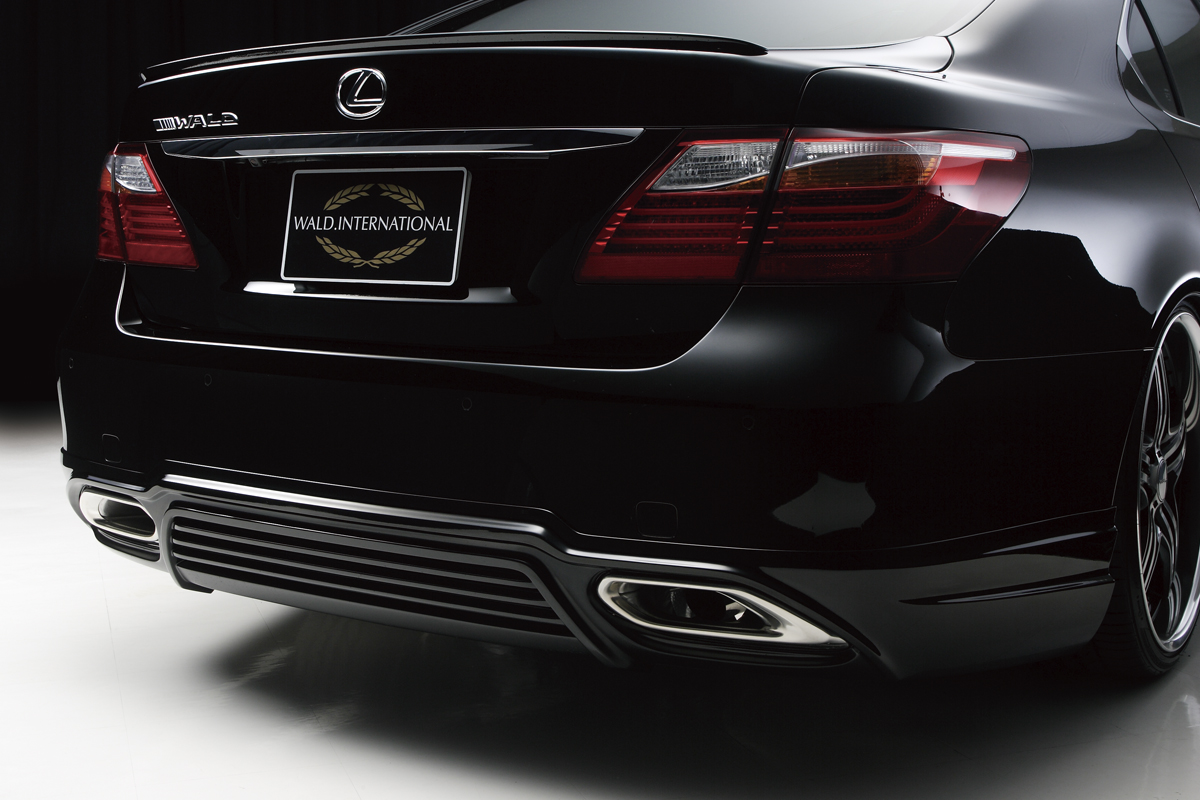 WALD Lexus LS460L rear detail with WALD boot spoiler, rear skirt and twin stainless steel exhaust finishers
