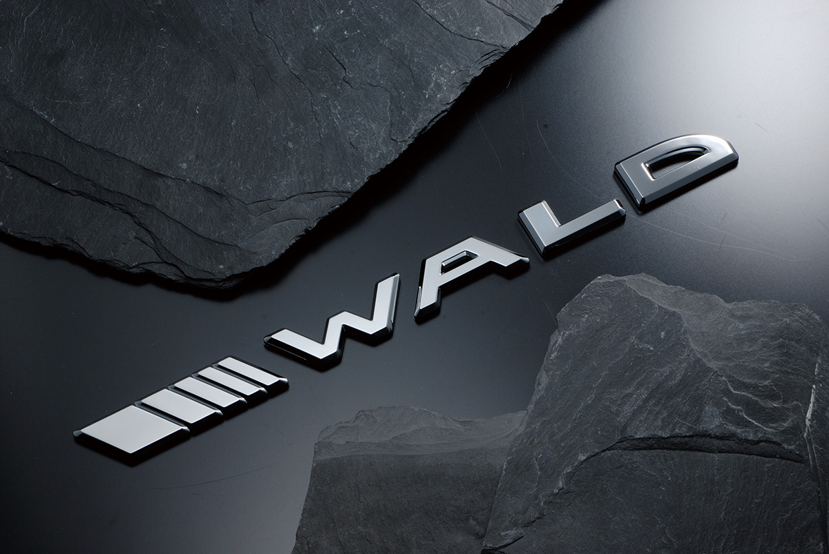 WALD Separate Slash Emblem in chrome, individual WALD letters and slash bars on a dark slate surface