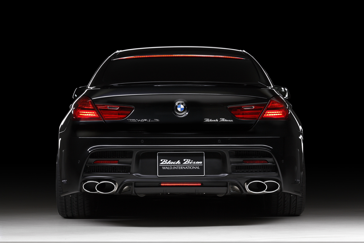 WALD BMW 6 Series Gran Coupe F06 direct rear view with twin 240 stainless steel exhaust tips and LED reflector