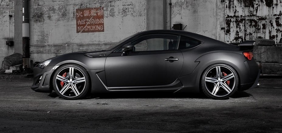 WALD Toyota 86 ZN6 Sports Line full side profile in matte black with side skirts and rear wing