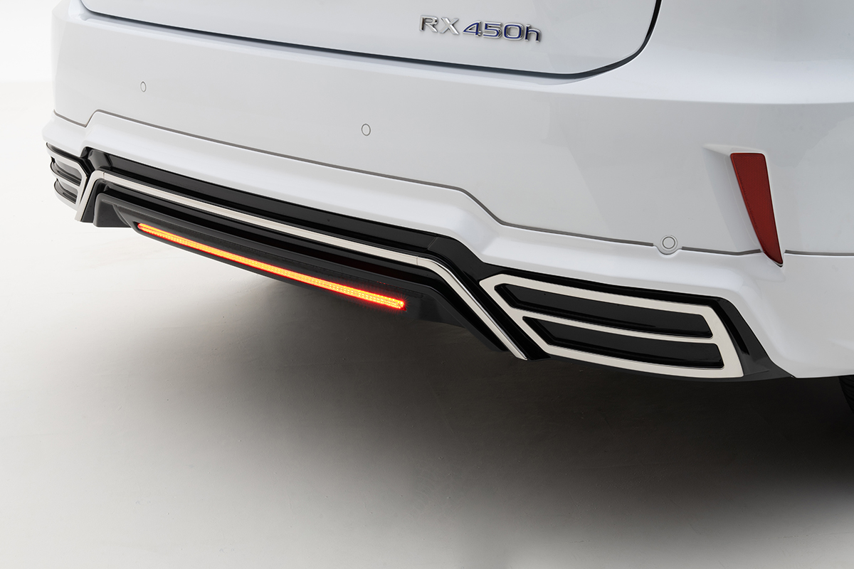 WALD Lexus RX450h rear skirt detail — illuminated LED lamp LEDBLG1780 with stainless steel trim