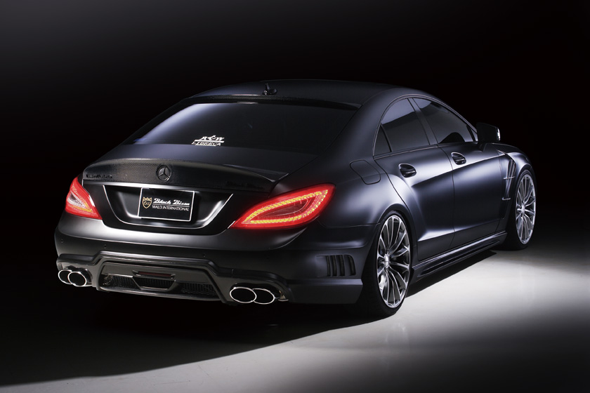 WALD Black Bison Mercedes-Benz CLS C218 rear three-quarter view with boot spoiler, rear bumper spoiler and quad exhaust tips