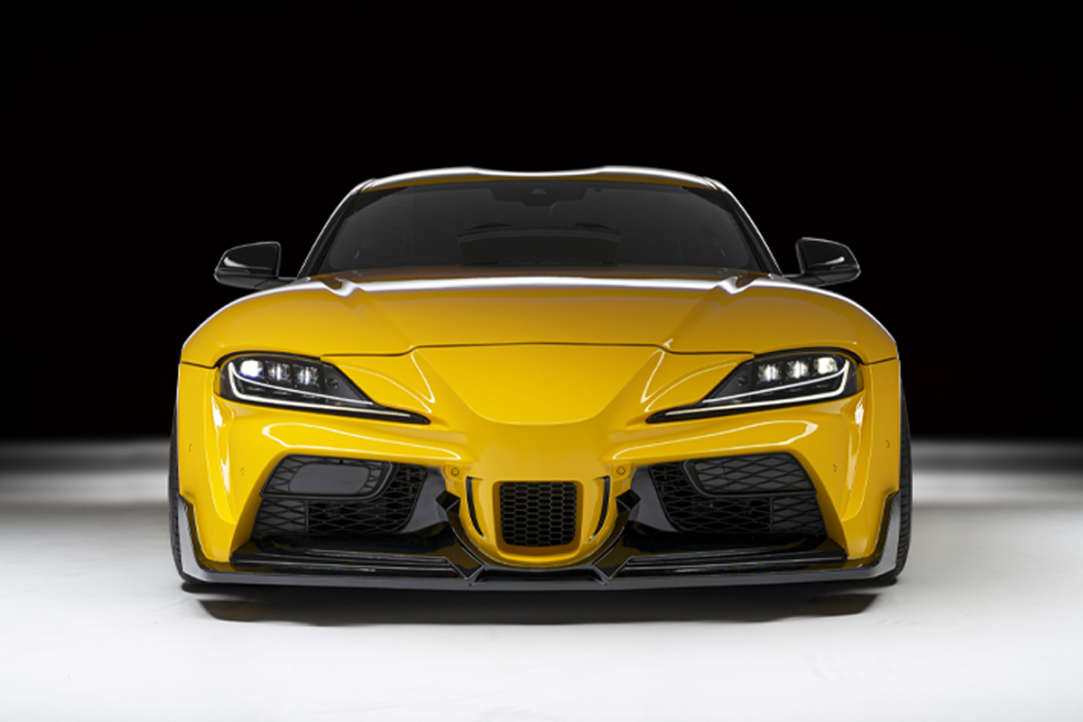 WALD wide body Toyota Supra head-on front view showing widened bonnet and front fenders