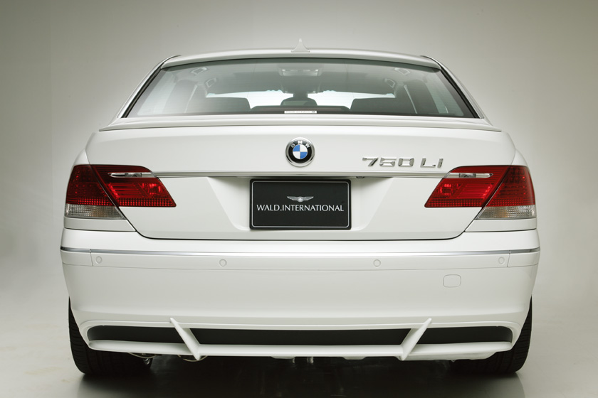 WALD BMW 7 Series E66 750Li Sports Line direct rear view showing WALD rear bumper spoiler and boot spoiler