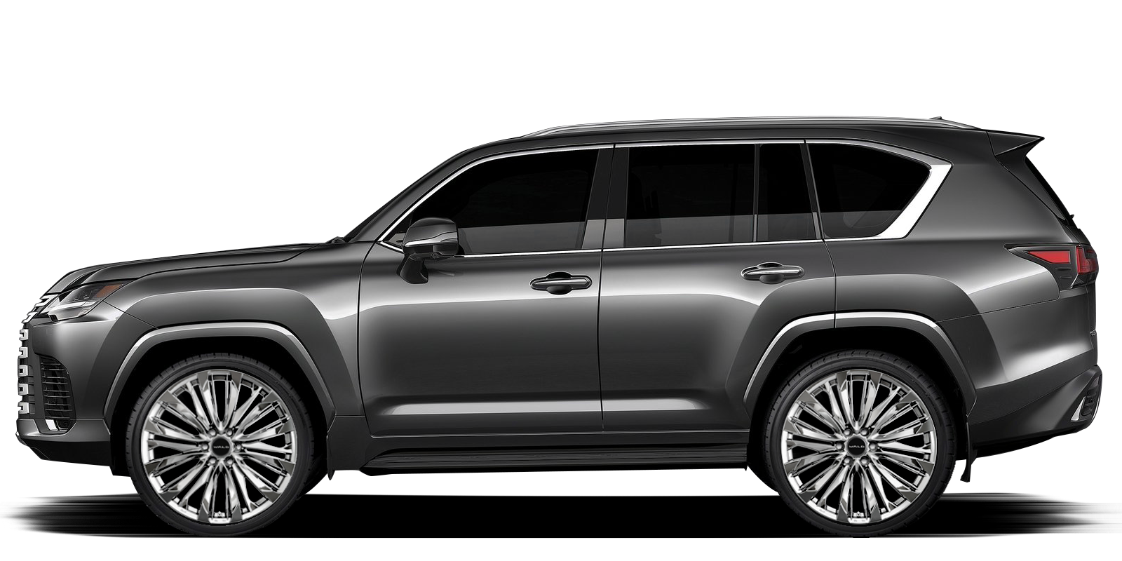 Side profile of a grey Lexus LX600 fitted with WALD FS001 DBC wheels