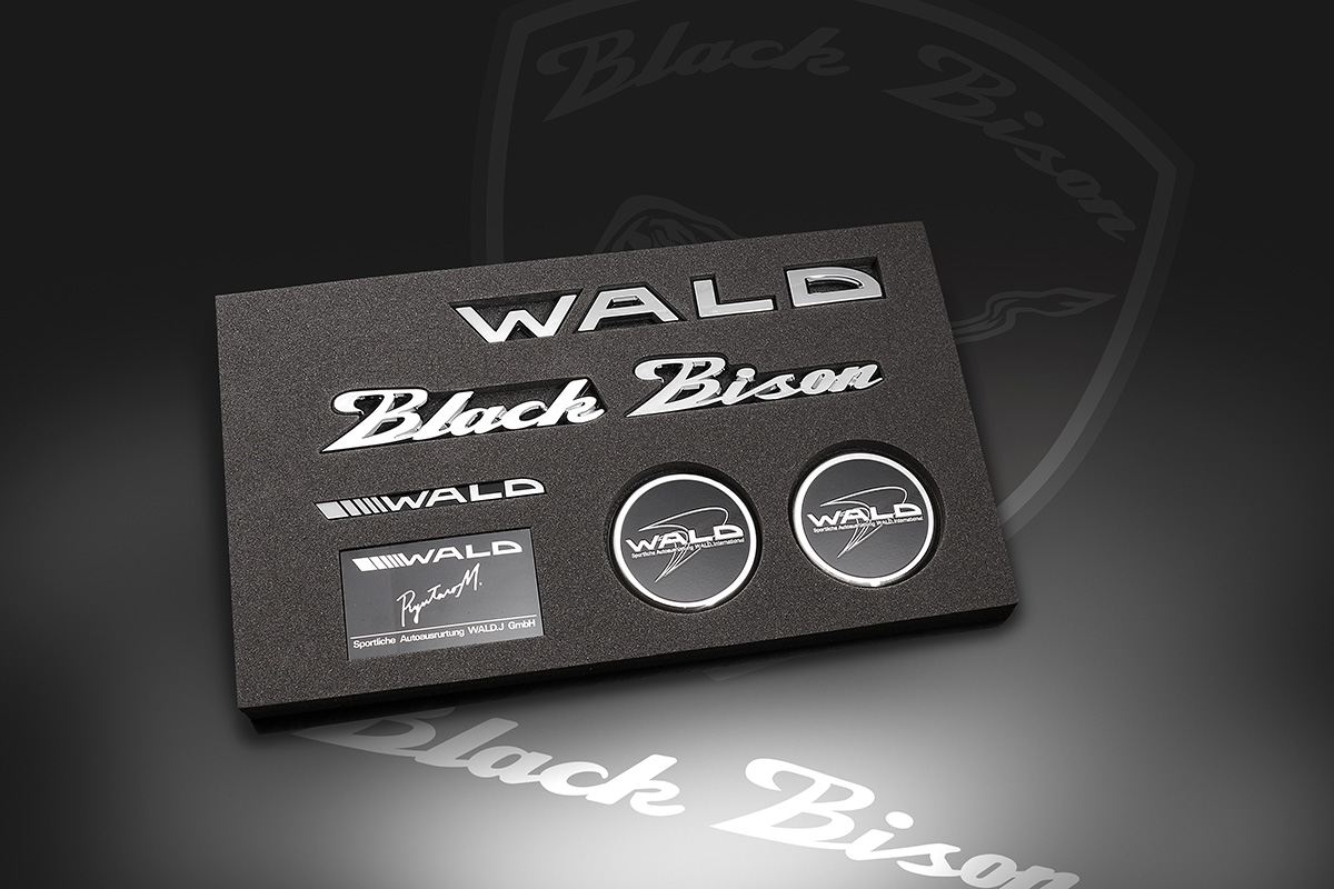 WALD Black Bison Emblem Set 4 in a presentation tray with WALD lettering, Black Bison script and Type B hood badges