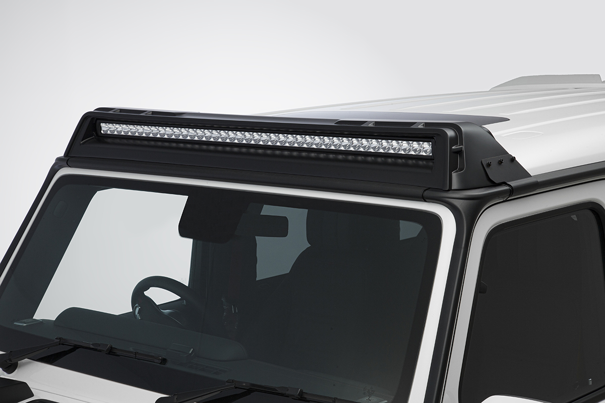 WALD Mercedes G-Class W463A Sports Line front roof spoiler detail — FRP front roof spoiler with LED lamp LED6117 light bar