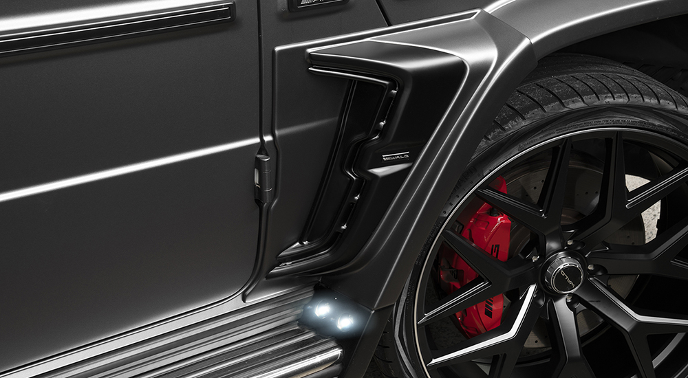 WALD Mercedes G63 W463A rear fender duct panel detail with illuminated LED lamps