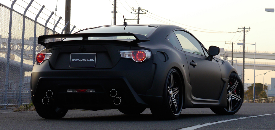 WALD Toyota 86 ZN6 Sports Line rear view with rear wing, rear bumper spoiler and quad stainless exhaust tips