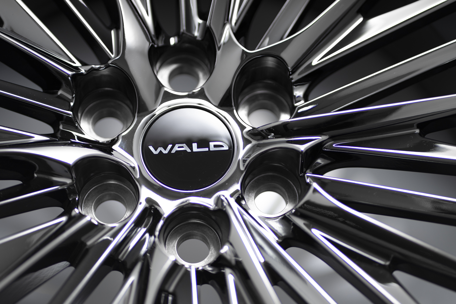 Detail of the WALD F-001 hub, stud holes and WALD centre cap in SBC Super Black Coat