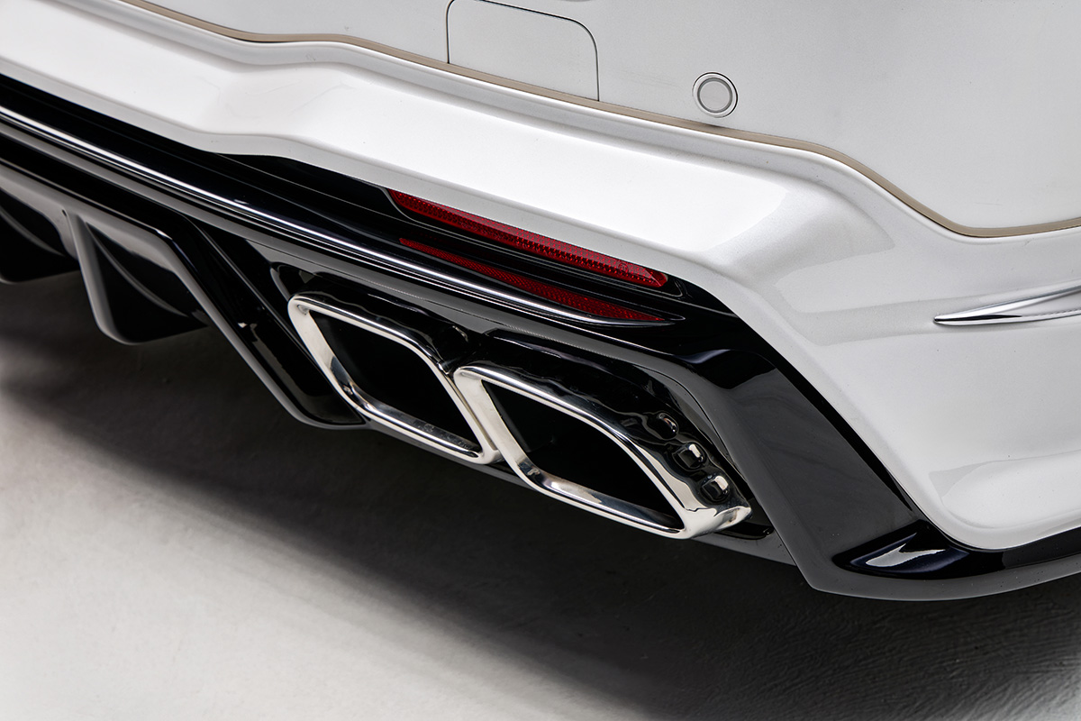WALD Lexus LM500h exhaust tip and rear skirt detail with chrome-plated garnish