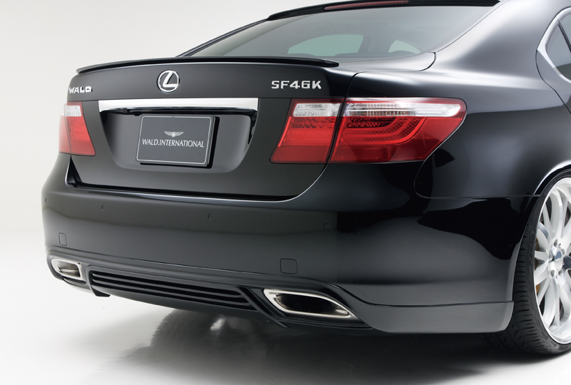 WALD Lexus LS460L rear detail with WALD boot spoiler, rear skirt and twin stainless steel exhaust finishers