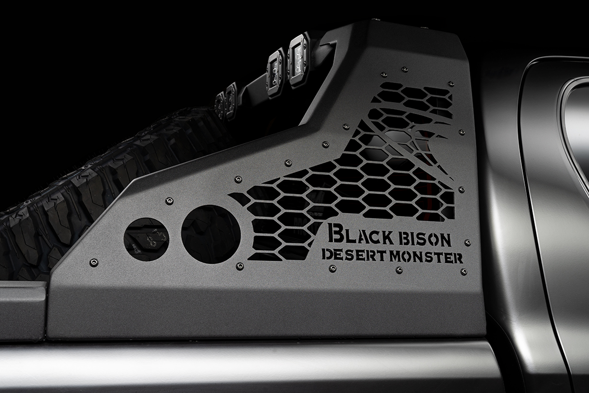 Close-up of the WALD Black Bison Desert Monster roll bar panel with honeycomb mesh and lettering
