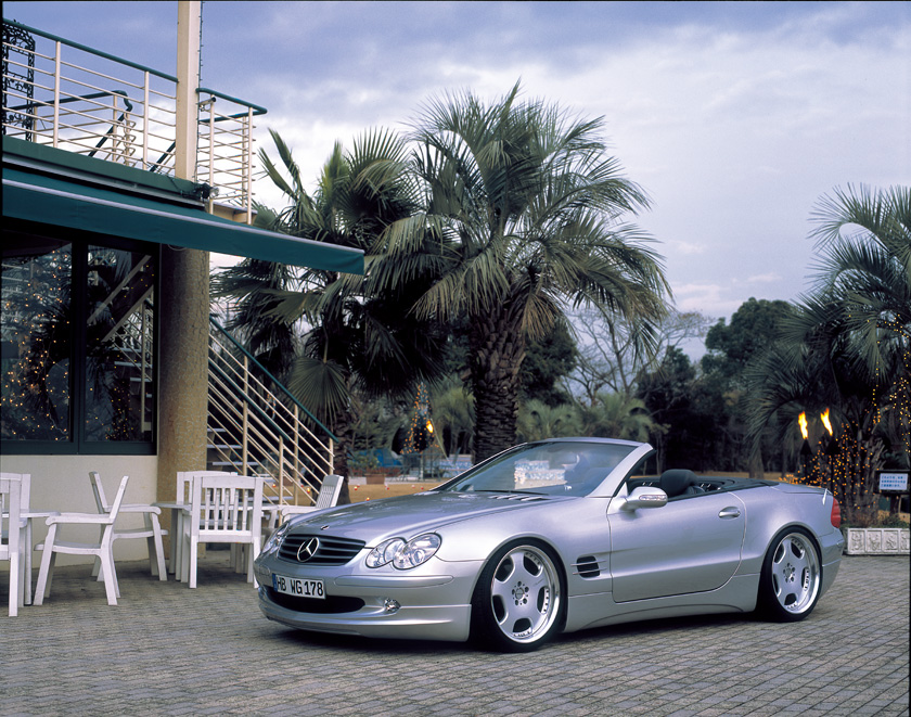 WALD Executive Line Mercedes-Benz SL-Class R230 bodykit — silver SL roadster front three-quarter view with WALD front spoiler and WALD wheels