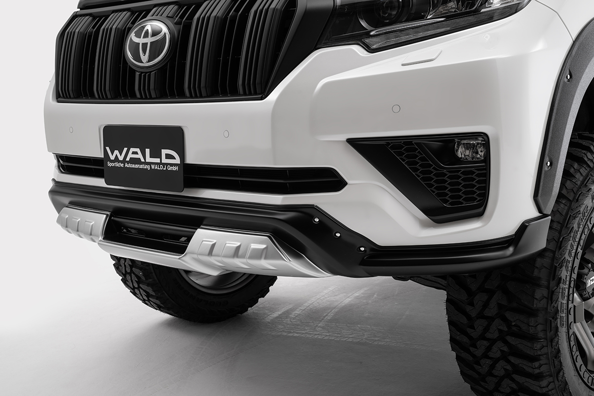 WALD Land Cruiser Prado Desert Line front spoiler detail in ABS with dummy rivets and mesh insert