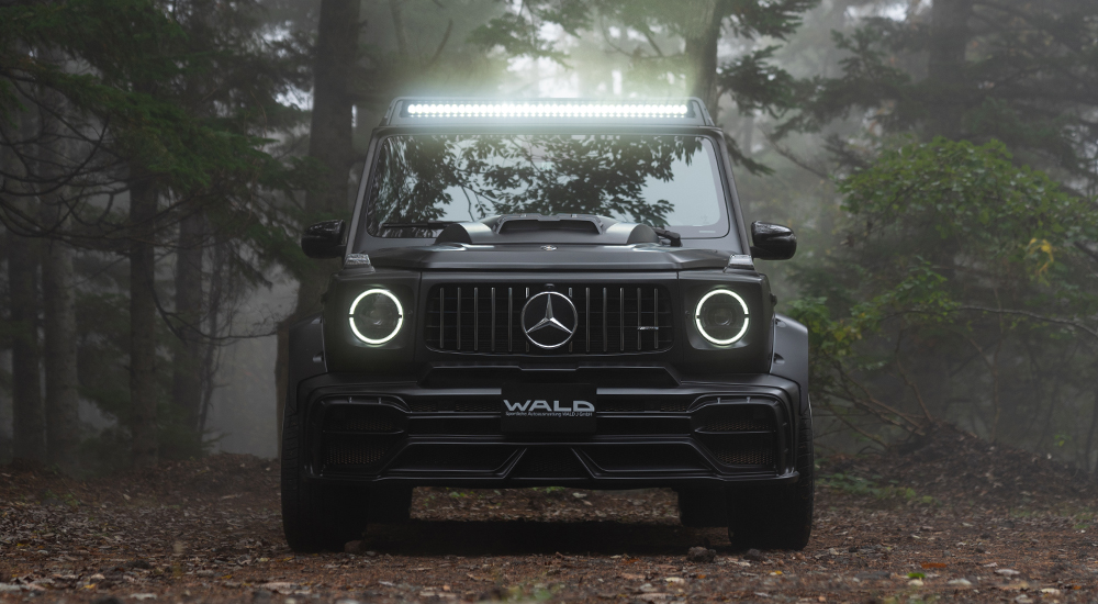 WALD Black Bison Mercedes-AMG G63 W463A front view in misty forest — black G63 with illuminated roof LED bar, Panamericana grille and wide arches