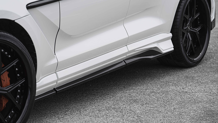 WALD Aston Martin DBX Black Bison Edition side skirt detail — WALD side skirt along the sill of a white DBX