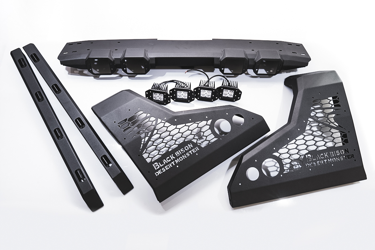 WALD Black Bison Desert Monster roll bar panels, rails and four LED lamps laid out as supplied