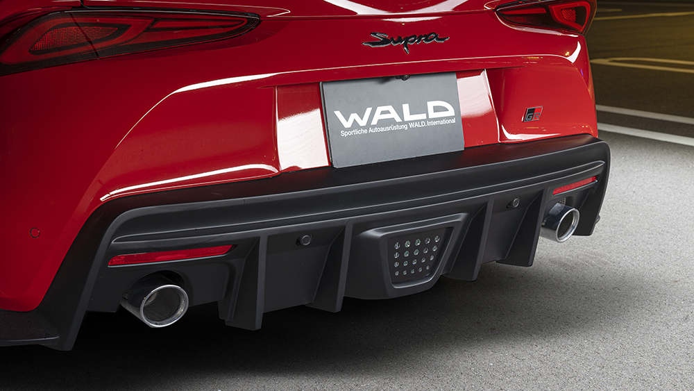 WALD rear diffuser detail on the Toyota Supra DB## with 155mm piled stainless steel exhaust tips