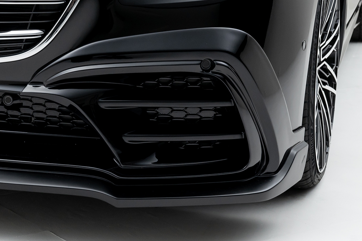 WALD W223 front bumper spoiler and canard detail on a black Mercedes-Benz S-Class