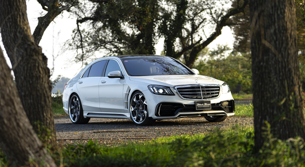 WALD Black Bison Mercedes-Benz S-Class W222 in white — front three-quarter view among trees