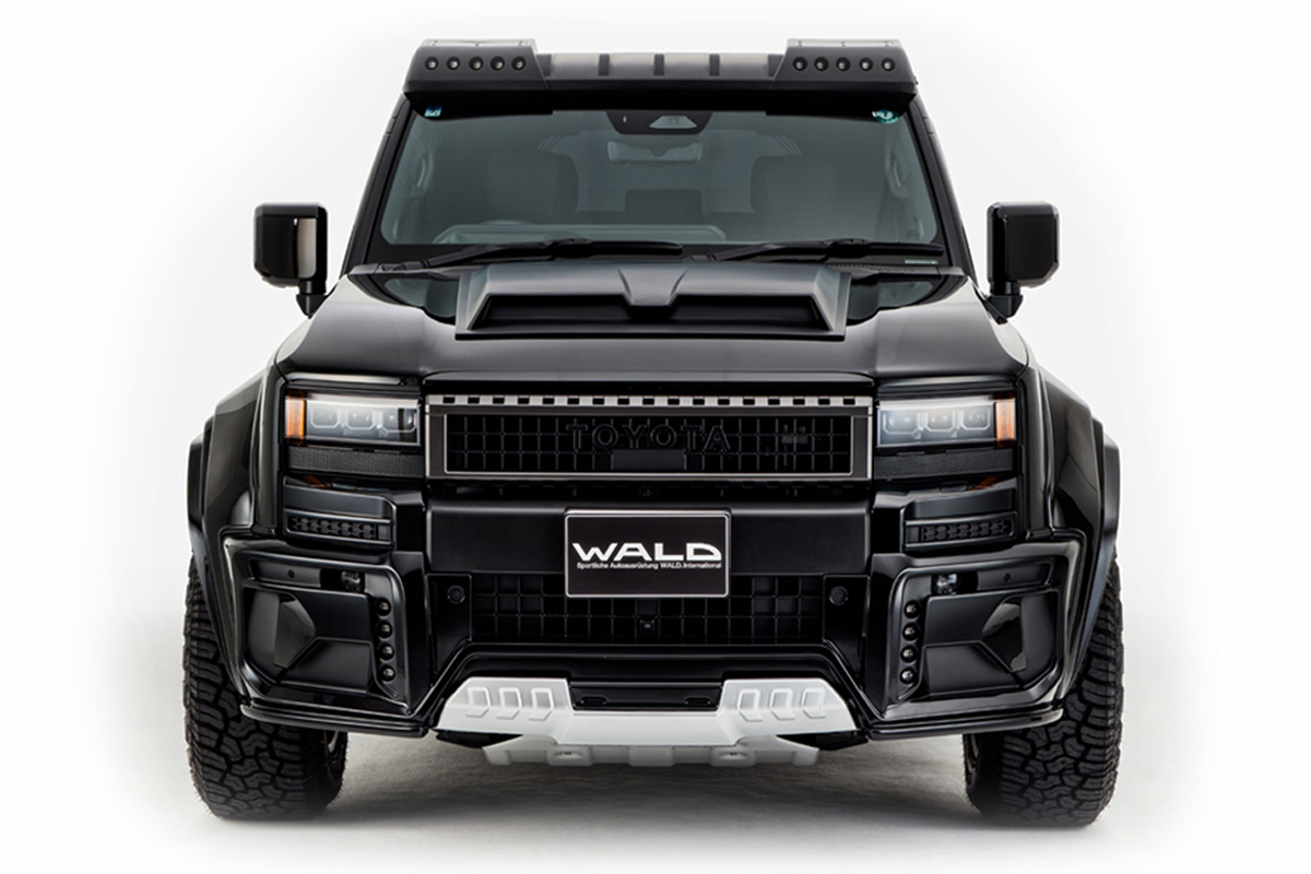 WALD Black Bison Land Cruiser 250 Prado head-on front view with WALD front spoiler, LED lamps and skid plate