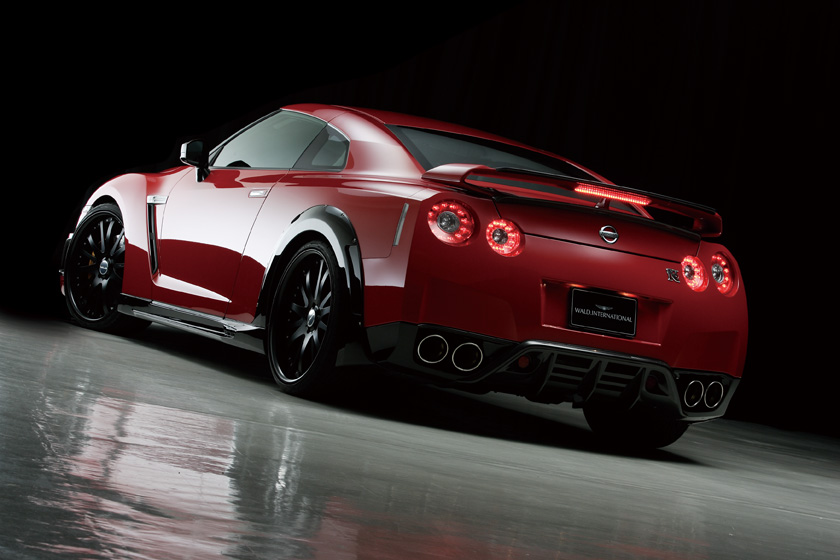 Red WALD Black Bison GT-R R35 studio rear three-quarter view with quad exhausts and rear wing