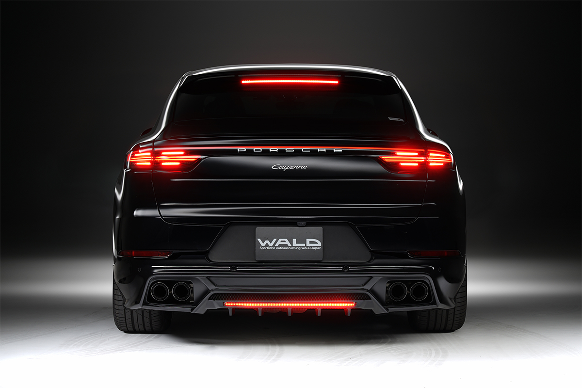 WALD Porsche Cayenne Coupe 9YA rear view — WALD rear skirt with LED lamp, mesh grille and stainless exhaust tips