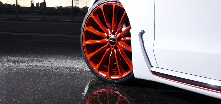 WALD Audi A5 wheel detail — red WALD multi-spoke wheel with WALD Sports Line side skirt