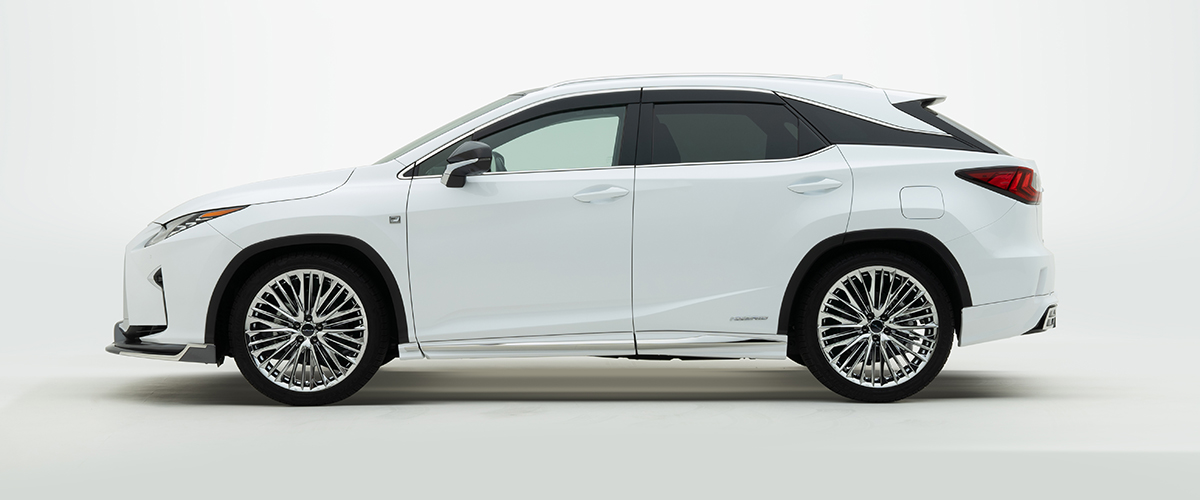 WALD Lexus RX450h GYL25W side profile — white Lexus RX450h F SPORT with WALD side skirts and stainless steel trim