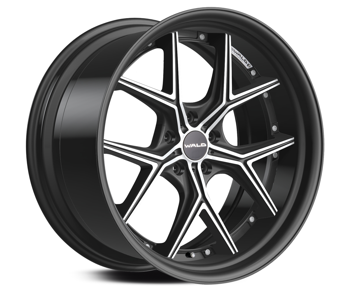 WALD ILLIMA I 12F 2-piece forged wheel in Matte Black Polish with matte black alumite rim, studio view