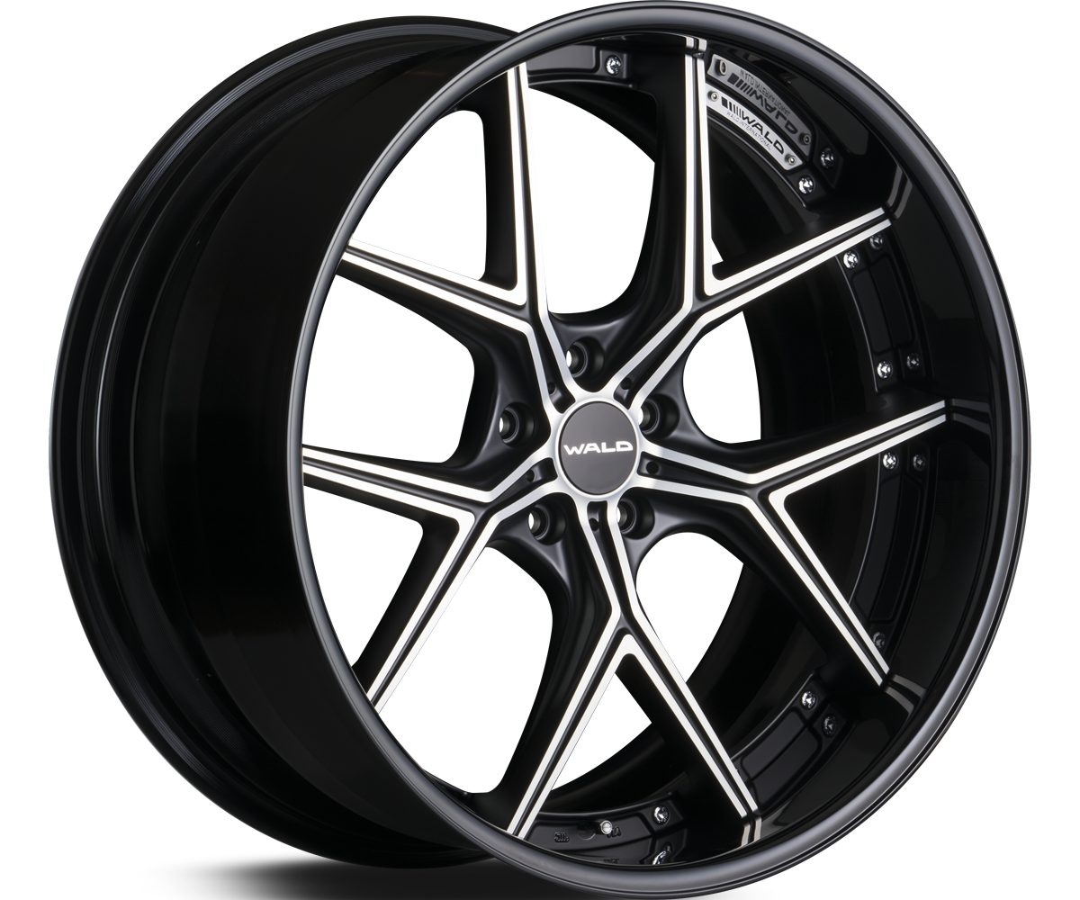 WALD ILLIMA I 12F 2-piece forged wheel in Black Polish with black alumite rim, studio view